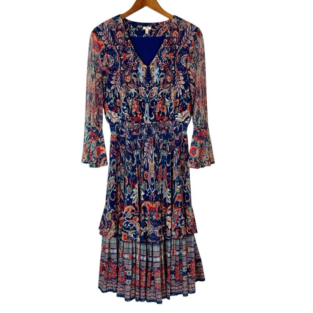 Reba Tiered Paisley Midi Dress Sz L Bell Sleeve Smocked Waist Boho Western